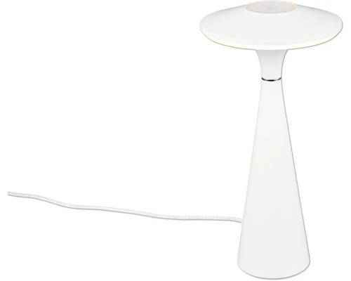 Lampă de masă LED albă cu abajur rotund și bază conică.