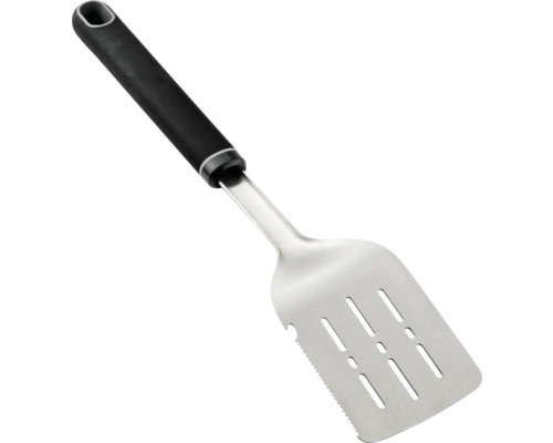 Spatulă grătar din oțel inoxidabil cu fante și mâner negru