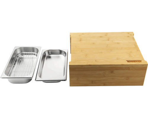 Recipient din oțel inoxidabil cu grătar și tocător din bambus
