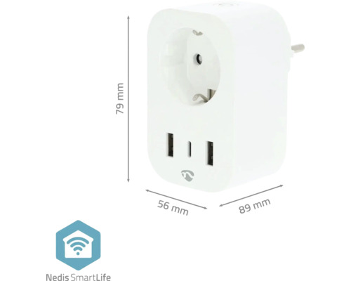 Dimensiunile unui adaptor de priză alb Nedis SmartLife cu porturi USB