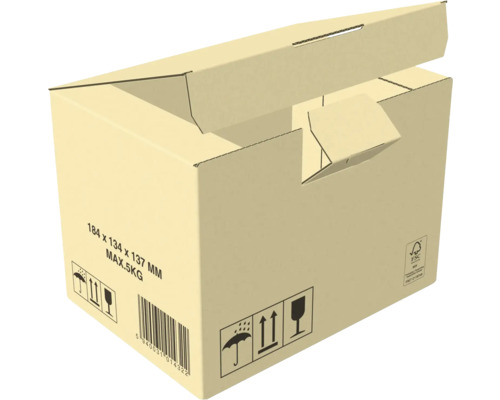 Ambalaj de carton deschis cu dimensiunile 184 x 134 x 137 milimetri și o greutate maximă de 5 kilograme.