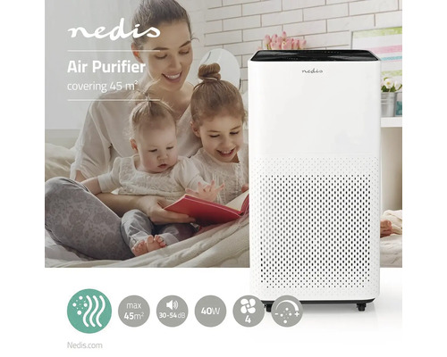 Purificator de aer Nedis în sufragerie cu o femeie și doi copii