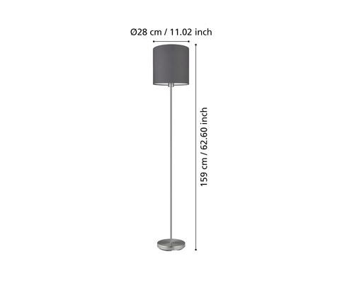 Lampă de podea cu abajur din material textil și dimensiunile de 159 centimetri înălțime și 28 centimetri diametru