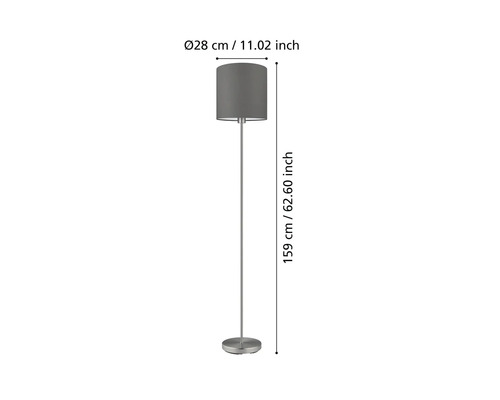 Lampă de podea cu o înălțime de 159 cm și un diametru de 28 cm.