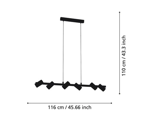 Lumină suspendată cu LED negru cu indicații de dimensiuni.