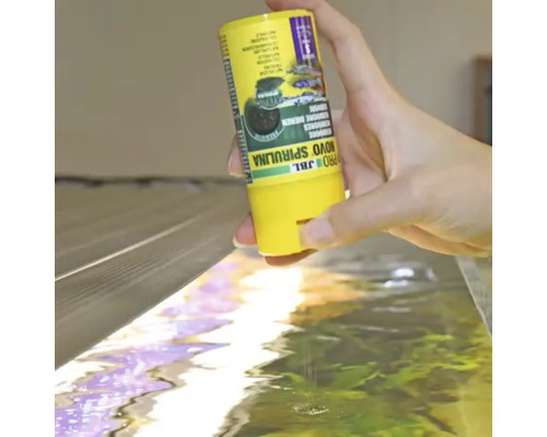 Mână ține hrană pentru pești JBL Novo Spirulina deasupra unui acvariu.