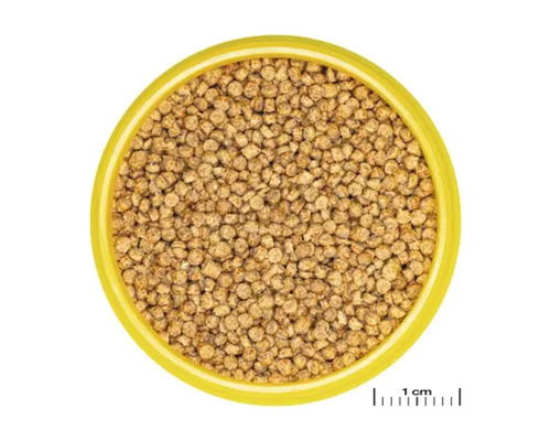 Hrană pentru pești într-un bol galben