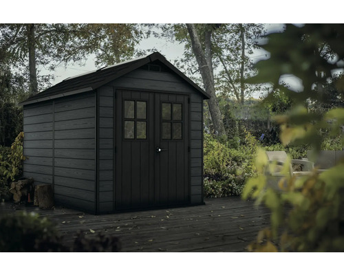 Cabină de grădină cu ușă dublă și acoperiș în două ape în grădină