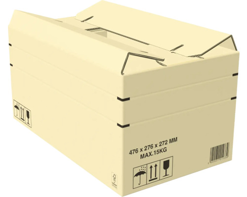 Cutie de carton deschisă cu dimensiunile 476 x 276 x 272 milimetri și o greutate maximă de 15 kilograme