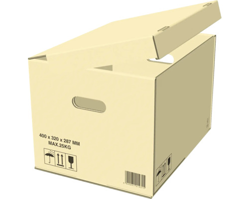 Cutie pliabilă deschisă cu mânere și instrucțiuni de transport