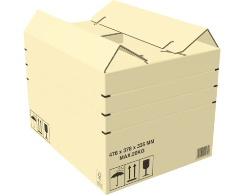 Cutie de carton deschisă cu dimensiunile de 476 x 378 x 335 milimetri și o greutate maximă de 20 de kilograme.