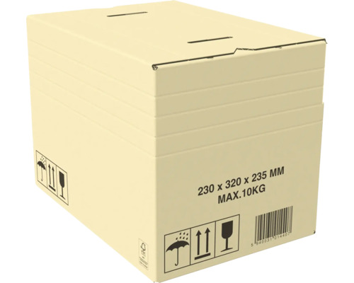 O cutie de carton cu dimensiunile 230 x 320 x 235 milimetri și o capacitate maximă de încărcare de 10 kilograme.
