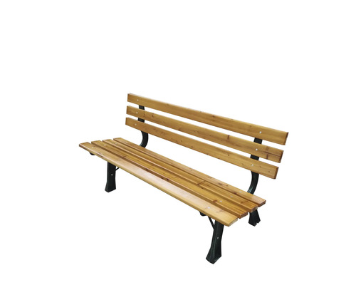 Bancă de grădină din lemn cu spătar și picioare metalice