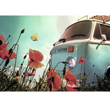 Câmp de flori cu autobuz de camping de epocă și fluture