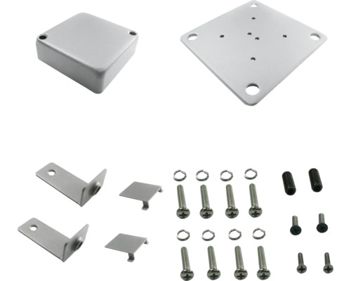 Accesorii de montaj pentru cameră dome, constând dintr-o cutie de joncțiune, o placă de montaj, unghiuri, capace, șuruburi și șaibe.