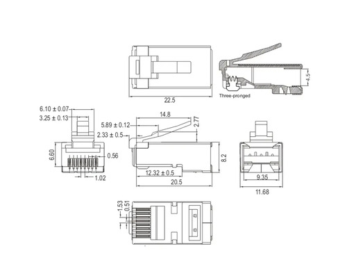 Desen tehnic al unui conector RJ45 cu indicații dimensionale.
