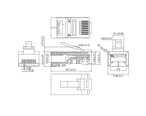 Desen tehnic al unui conector RJ45 cu dimensiuni