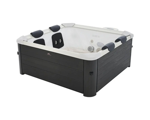 Cadă cu hidromasaj pătrată cu suporturi pentru cap și placare din lemn