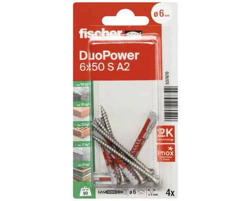 Dibluri Fischer DuoPower 6 x 50 milimetri cu șuruburi, 4 bucăți