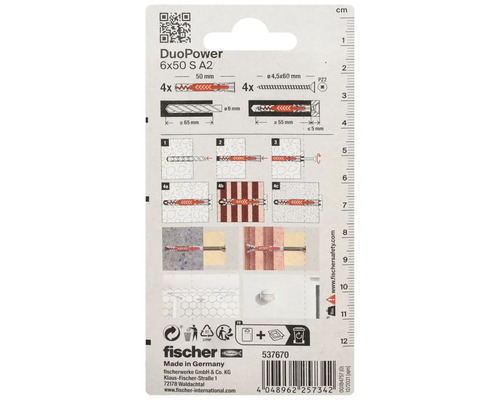Dibluri Fischer DuoPower 6x50 S A2, ambalajul produsului cu exemple de aplicare