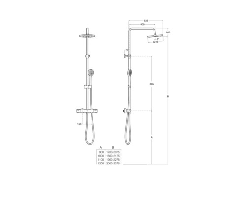 Desen tehnic al unei armături de duș cu dimensiuni.