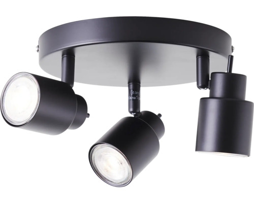Lumină de tavan neagră cu trei spoturi.
