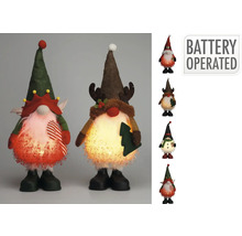 Două figurine de pitici de Crăciun, alimentate cu baterii, ca decor.