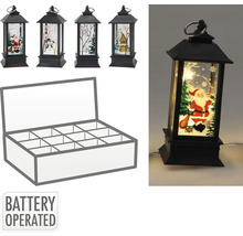 Patru lanterne de Crăciun cu motive diferite și o cutie de depozitare goală cu douăsprezece compartimente. Lanternele funcționează pe baterii.