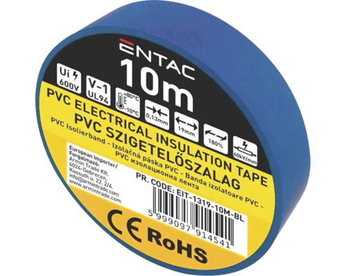 Bandă izolatoare PVC Entac 19mm x 10m, albastru Bandă izolatoare electrică din policlorură de vinil, 10 metri