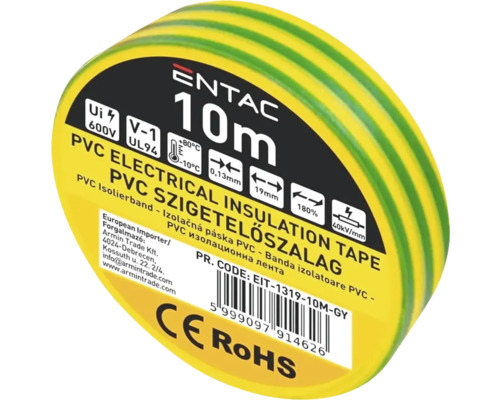 Bandă izolatoare PVC Entac 19mm x 10m, verde-galben