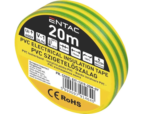 Bandă izolatoare PVC Entac 19mm x 20m, verde-galben Bandă izolatoare PVC 20 metri