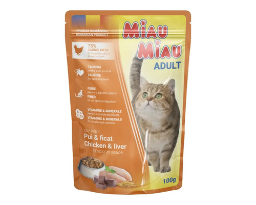 Hrană umedă pentru pisici Miau Miau Adult cu pui și ficat în sos 100 g
