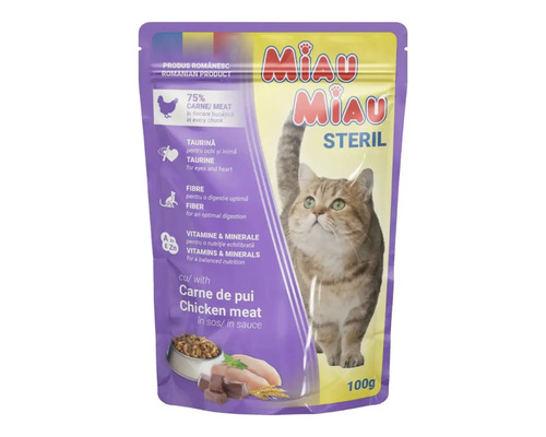 Hrană umedă pentru pisici Miau Miau Sterilised cu pui în sos 100 g