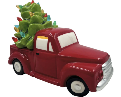 Figurină decorativă roșie de camionetă cu pom de Crăciun pe platformă