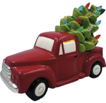 Figurină decorativă roșie camionetă cu pom de Crăciun și lumini