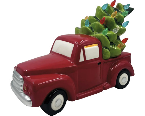 Figurină decorativă roșie camionetă cu pom de Crăciun și lumini