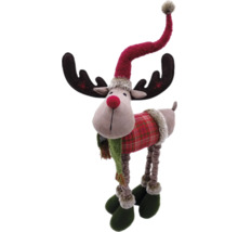 Reni decorativ de pluș cu model în carouri și căciulă ca decorațiune de Crăciun