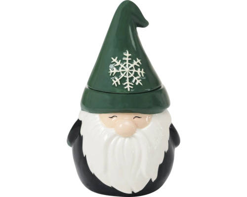 Borcan decorativ pentru depozitare în formă de pitic de grădină cu model de fulg de nea pe căciulă.