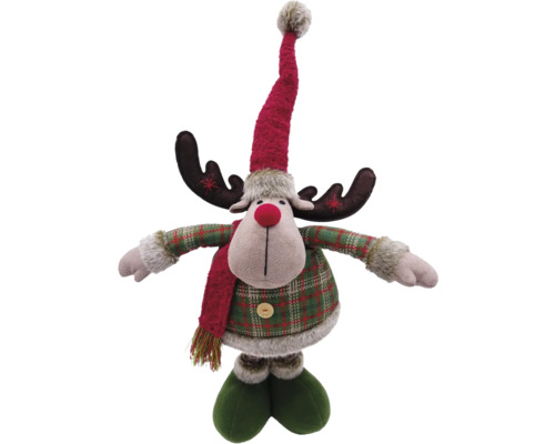 Elan decorativ ca figurină de pluș cu haină în carouri, căciulă și fular.