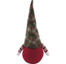 Spiriduș decorativ de Crăciun cu pălărie în carouri și brațe în dungi.