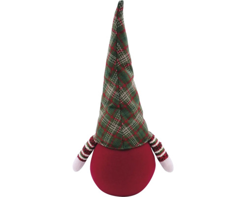 Spiriduș decorativ de Crăciun cu pălărie în carouri și brațe în dungi.