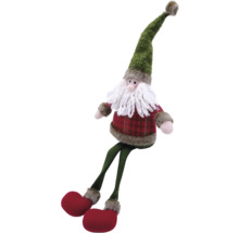 Moș Crăciun decorativ cu pălărie verde, top în carouri și picioare lungi ca decor festiv.