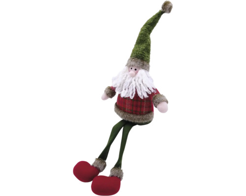 Moș Crăciun decorativ cu pălărie verde, top în carouri și picioare lungi ca decor festiv.