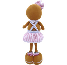 Păpușă de cârpă tricotată cu fundă și fustă în dungi