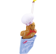 Om de turtă dulce ca decorațiune de Crăciun cu o pălărie de bucătar într-un sac cu inscripția Merry Christmas