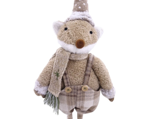 Figurină decorativă vulpe cu căciulă, eșarfă și pantaloni carouri ca decorațiune de sezon