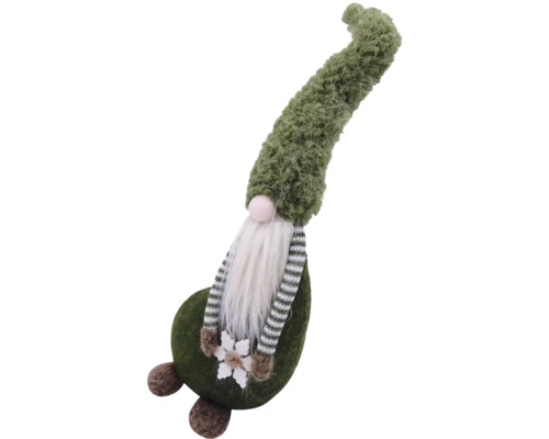 Gnom decorativ de grădină cu pălărie lungă, barbă și mâneci cu dungi.