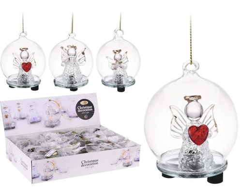 Decorațiune de brad din sticlă cu înger și iluminare, în display de vânzare