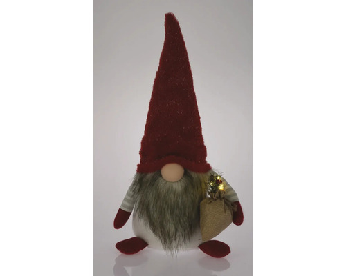 Gnom decorativ cu barbă și căciulă care ține un sac