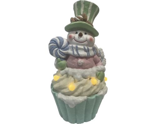 Figurină om de zăpadă pe suport de brioșă cu iluminare LED